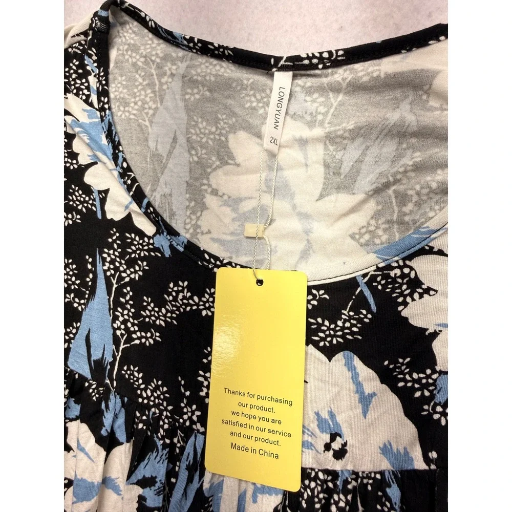 Longyuan Women 2XL Floral Tunic Top Long Sleeve Black Blue Empire Waist Blouse
